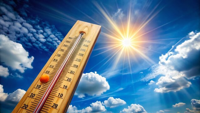 A close-up of a thermometer against a bright blue sky, showing a scorching high temperature, evoking feelings of sweltering heat on a sun-drenched summer day.