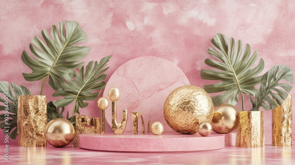 Aufkleber 3d rendering of a pink and gold platform adorned with tropical leaves in a contemporary style minima