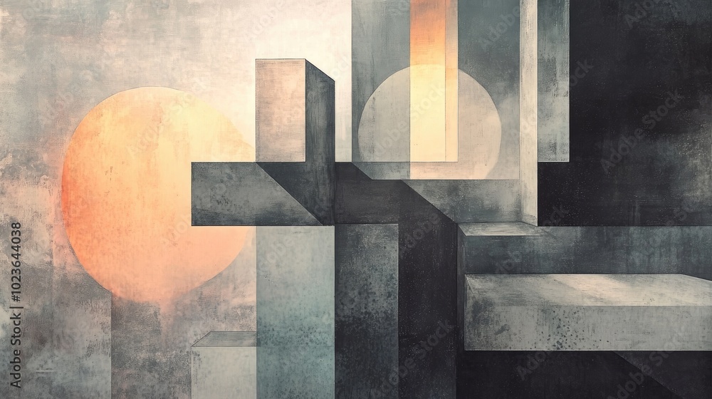 Poster abstract painting featuring geometric shapes in a gradient of gray tones