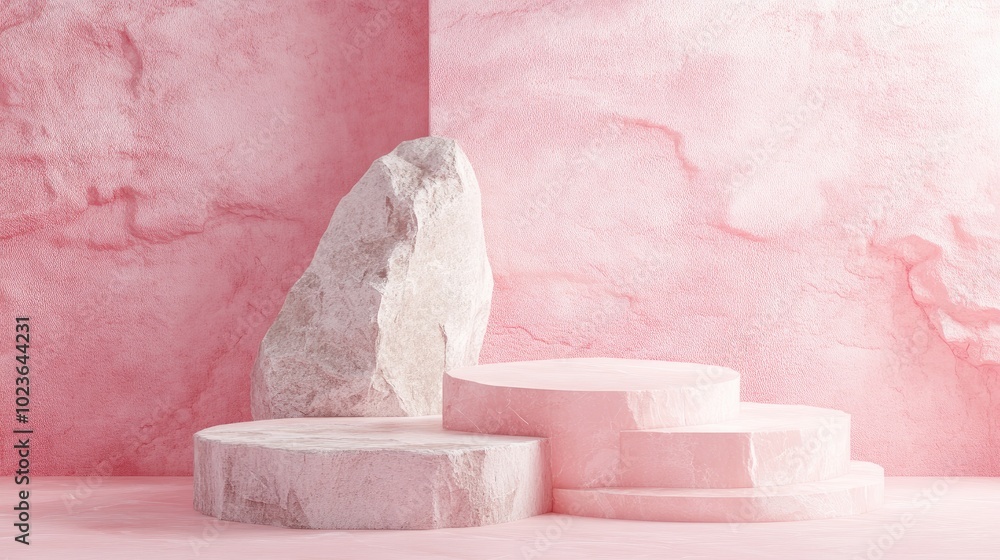 Poster Abstract pastel pink geometric background featuring stone and rock shapes ideal for podium display or showcase 3D rendering