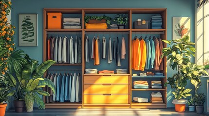 Creative vector image of a wardrobe with clothes in the bedroom.
