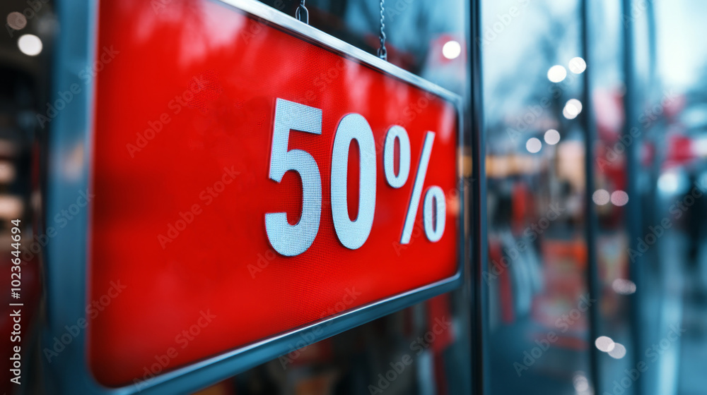 Poster a red sign with the number 50 on it hangs in a store window