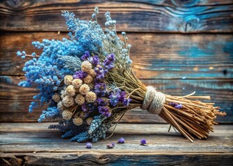 Obraz premium A delicate cluster of dried herbal flowers in shades of soft blue and purple, set against a rustic wooden backdrop, evoking a sense of calm.