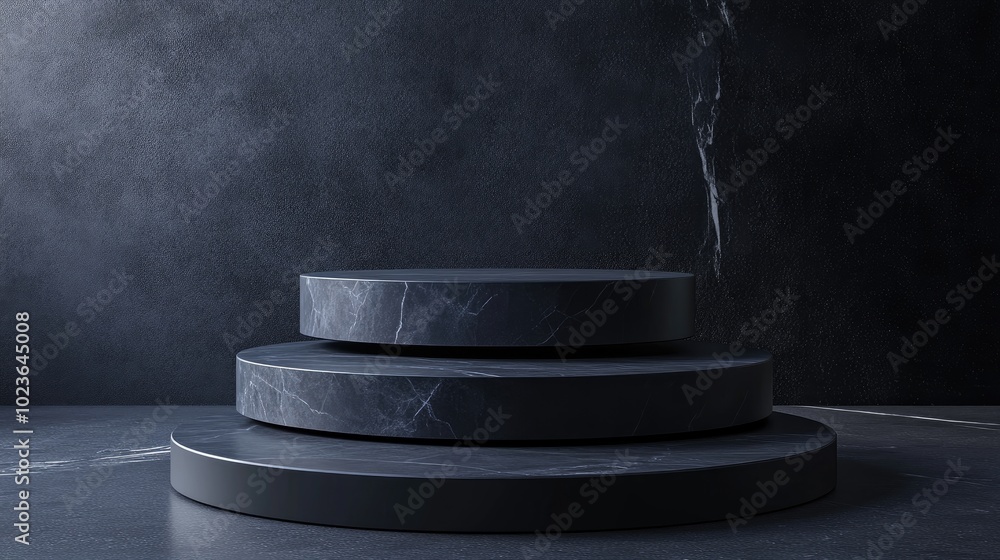 Poster Black triple podium on a dark background Minimalistic display for product showcasing 3D rendering Horizontal mockup