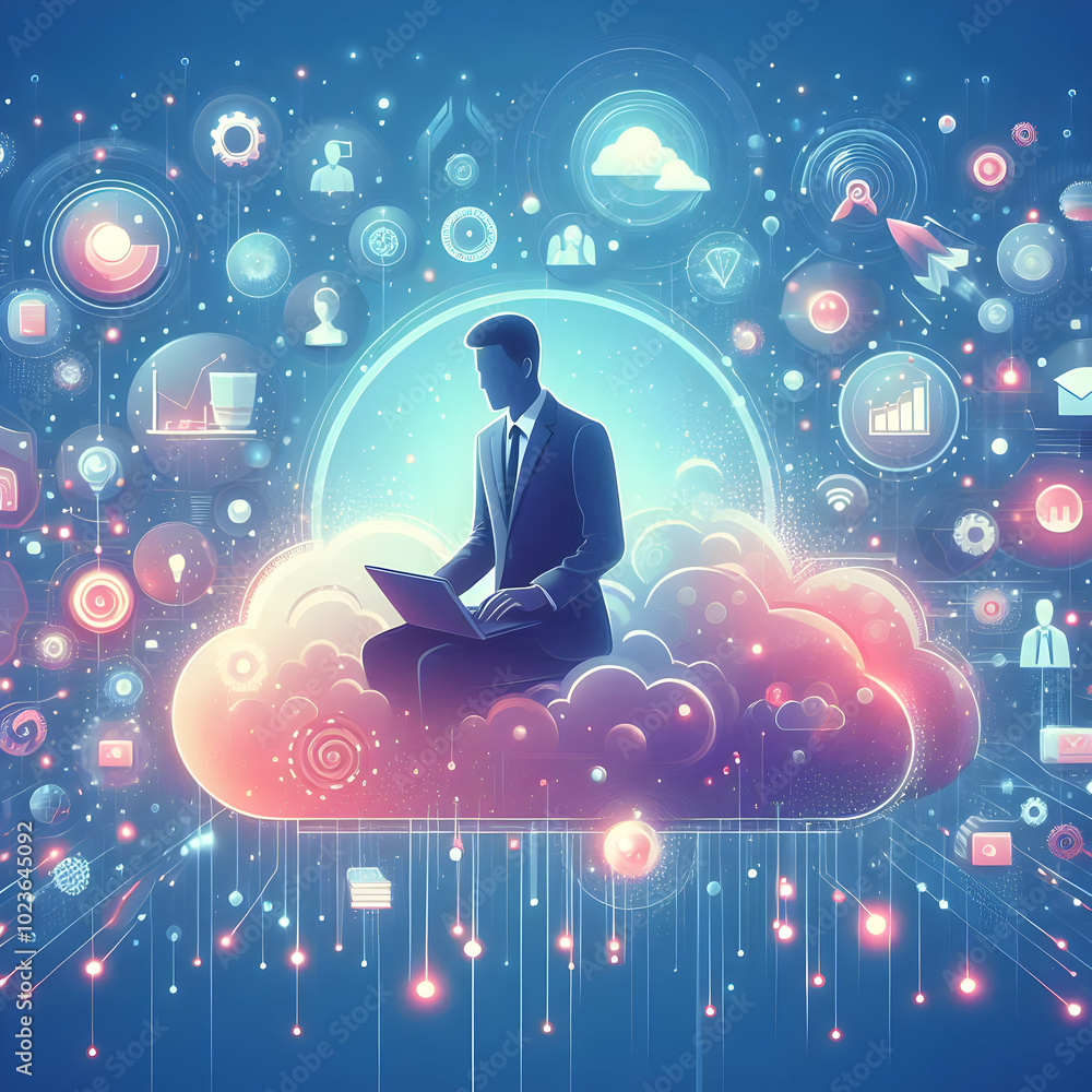 Poster flat glowing business abstract with floating icons - dynamic digital art design for business promoti