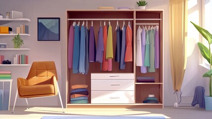 Vector image of a bedroom wardrobe with many different things stored.