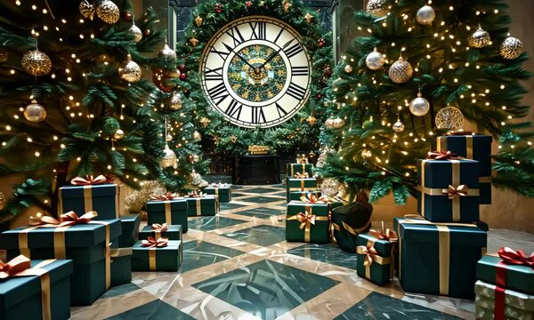 Festive holiday decorations with Christmas trees and presents surrounding a large clock in an elegant setting