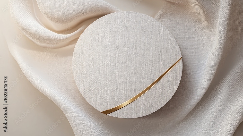 Poster 3D rendering of a minimalist product display featuring a circular podium with a gold line on textured fabric viewed from above ideal for luxury cosmetic photography