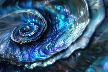 High magnification macro of blue abalone pearl shell with vivid iridescent layers.