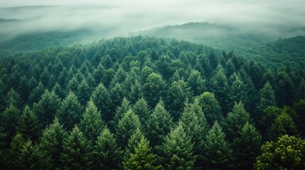 Fototapeta premium Aerial View of Evergreen Forest Covered With Morning Mist, Calm and Peaceful Nature Concept.
