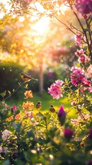 Playful Finches in a Blooming Garden Scene