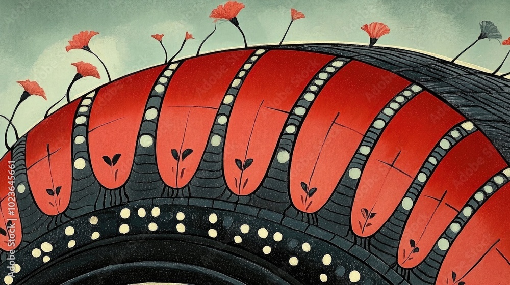 Poster close up view of old tire tread coated in red paint conceptual image