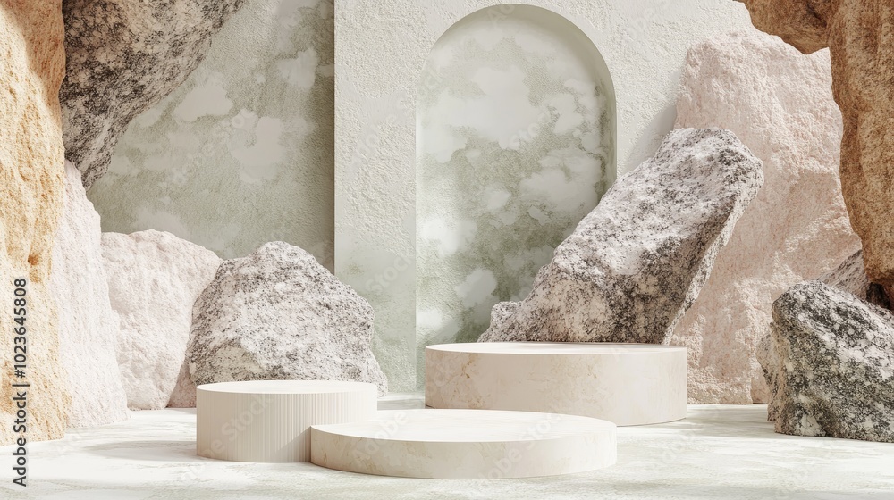 Aufkleber Abstract pastel geometric shapes in a stone and rock texture background minimalist mockup suitable for podium display or showcase 3D rendering
