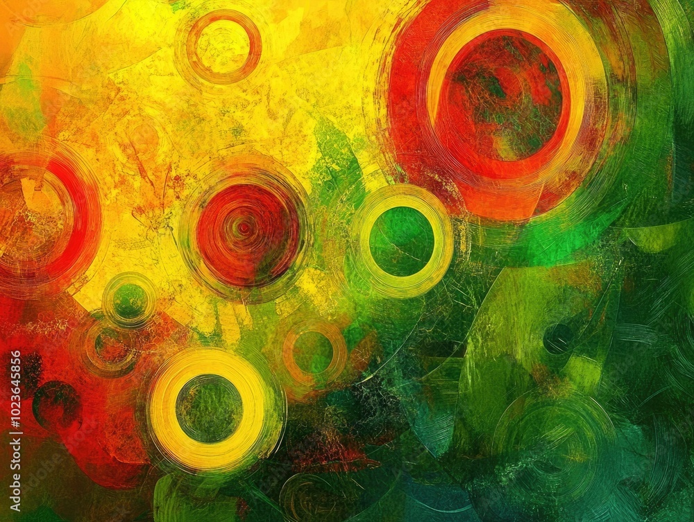Aufkleber Abstract vibrant circles in shades of yellow red and green creating a dynamic fantasy art style with a bright and engaging background