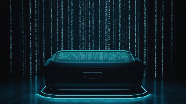 Futuristic interface with a sleek black device surrounded by flowing binary code.