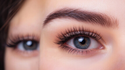 Fototapeta premium Before-and-after images of a client showcasing the transformation with classic eyelash extensions, emphasizing the difference in volume and length.