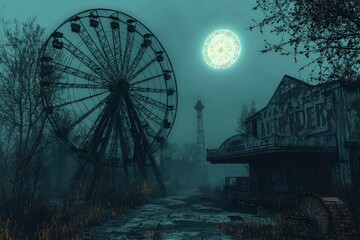 An Abandoned Amusement Park at Night with a Ferris Wheel and a  Graffiti-Covered Building