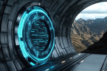 Futuristic portal with glowing elements, opening to a breathtaking mountain landscape.