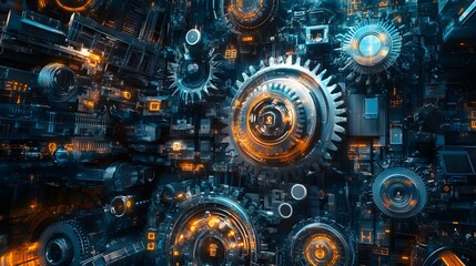 Obraz premium An intricate web of IoT devices, from smart homes to industrial machines, all communicating effortlessly across platforms, gears and circuits interlocking seamlessly, various protocols and technologie