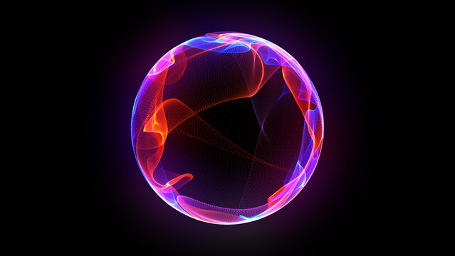 Bright neon 3d sphere in the space. Glowing particle 3d energy orb. Abstract technology, science, neural networks, and artificial intelligence. Virtual assistant concept.