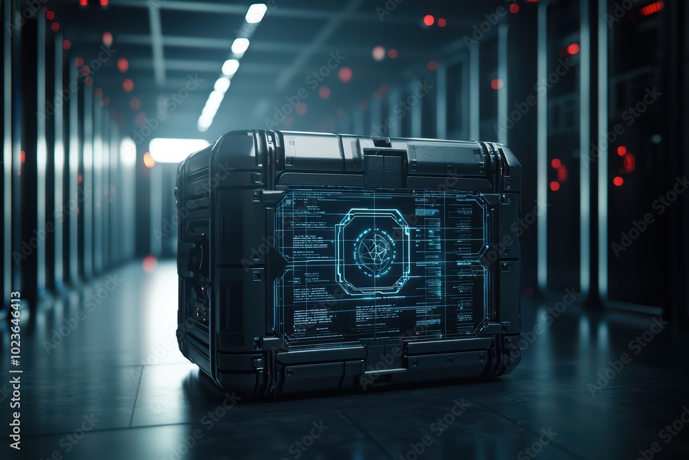 Poster futuristic storage container with high-tech interface in a data center, glowing lights in a sophisti