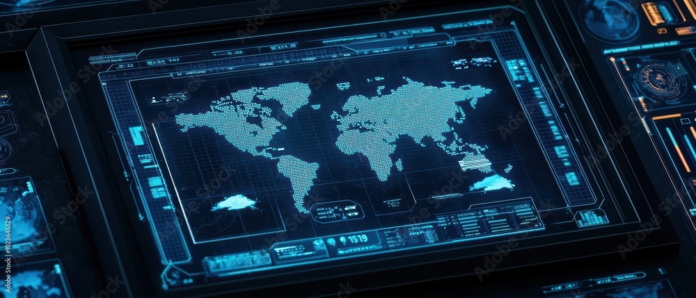 Poster futuristic world map on a digital screen, showcasing connections and data in a high-tech environment