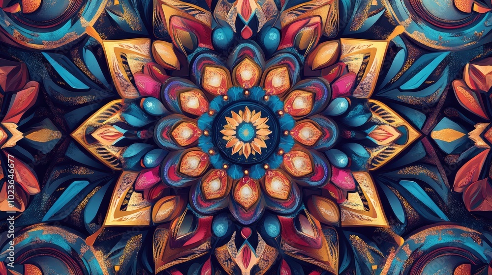 Poster abstract kaleidoscope pattern illustration featuring a decorative mosaic texture with vibrant colors