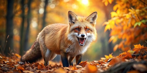 A fiery orange fox with piercing eyes and fluffed fur stands aggressively, baring sharp teeth, amidst a blurred forest background with autumnal leaves scattered around.