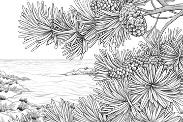 Coloring book illustration of a close up view of pine with a serene sea backdrop