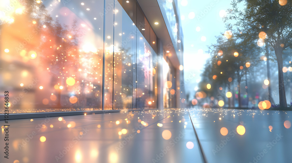 Poster 3d abstract retail storefront with soft shapes and bokeh light effects - medium shot panning view of