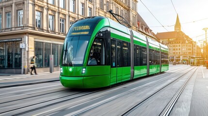 Green modern tram moving along the tracks in an urban setting with buildings and sunset in the background.