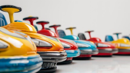 Close-up shot of amusement park bumper cars, with vibrant colors and playful details against a clean white background