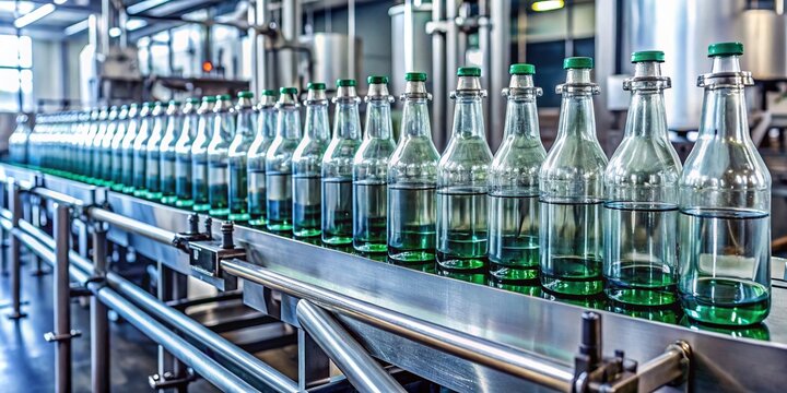 A fully automated bottling production line efficiently fills, caps, and labels transparent glass bottles with sparkling liquid, showcasing modern industrial manufacturing and packaging processes.