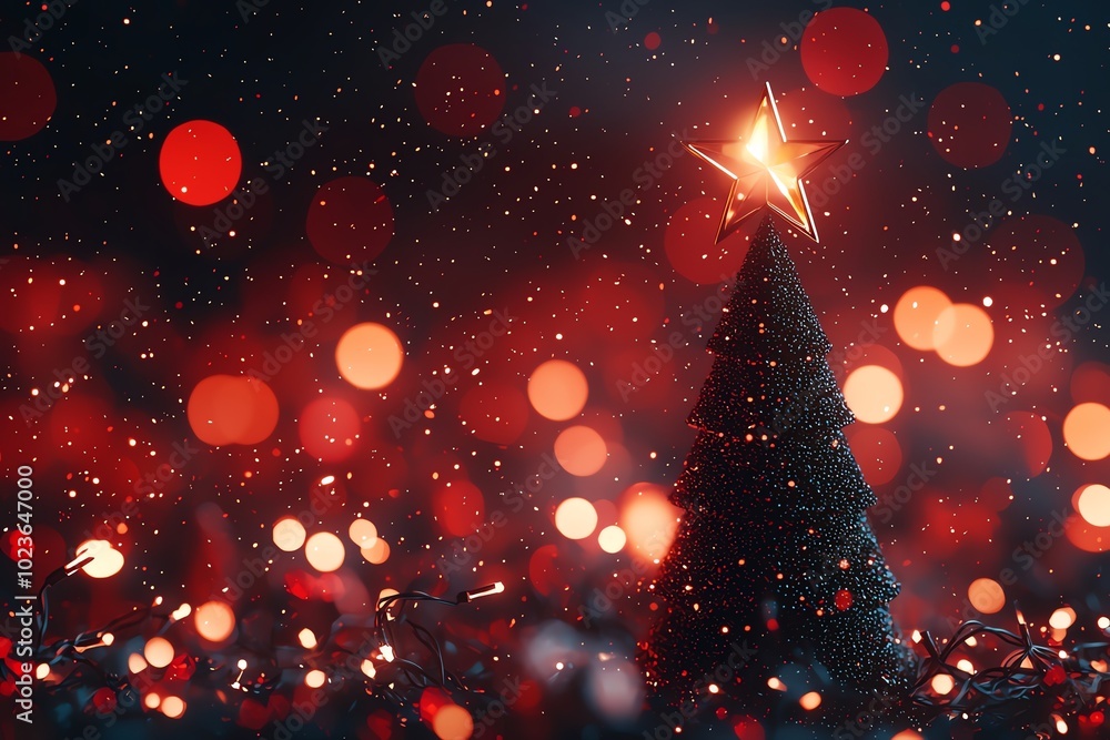 Poster a stunning christmas tree adorned with a bright star, shimmering against a backdrop of colorful boke
