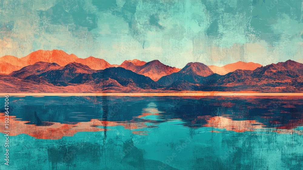 Poster Abstract landscape featuring a cyan sky and mountains with a horizontal texture background Colorful pristine glass print that evokes a vintage gaming aesthetic