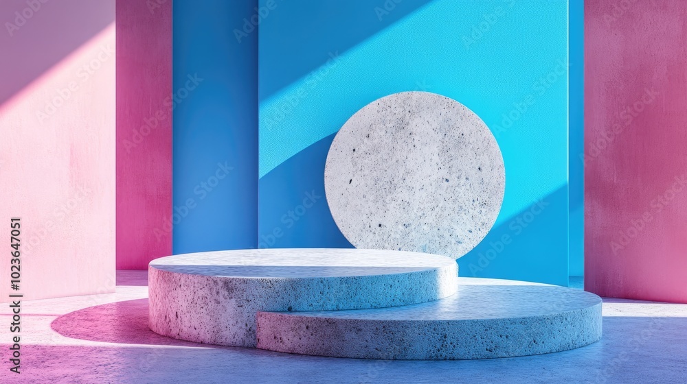 Poster 3D rendered illustration featuring a geometric composition with a round stand and semicircular podium in a modern and trendy design using pink and blue hues