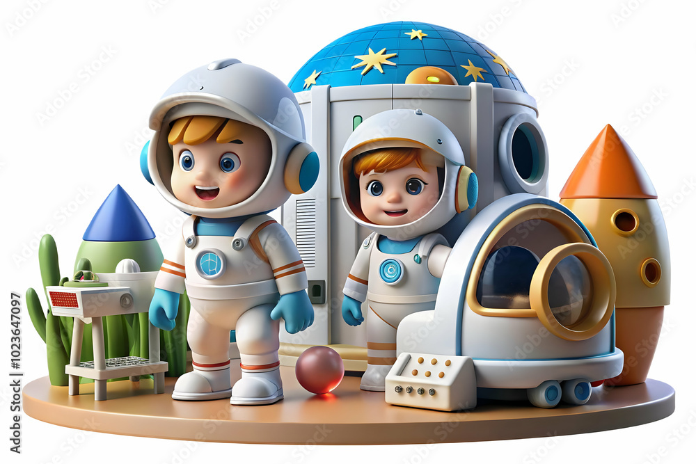 Poster capture a macro close-up of children dressed as astronauts playing in a backyard space station setup