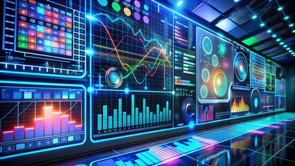 Obraz premium A futuristic dashboard displays a flow of binary code, colorful charts, and graphs, surrounded by wires and circuit boards, evoking a sense of modern technology.