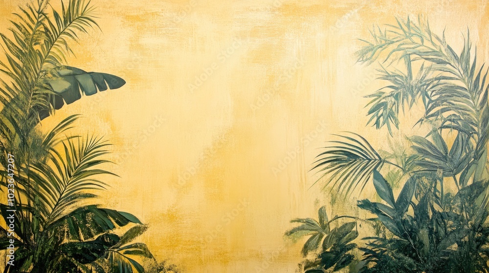 Poster artwork featuring a light yellow backdrop with a worn texture showcasing tropical foliage in the for