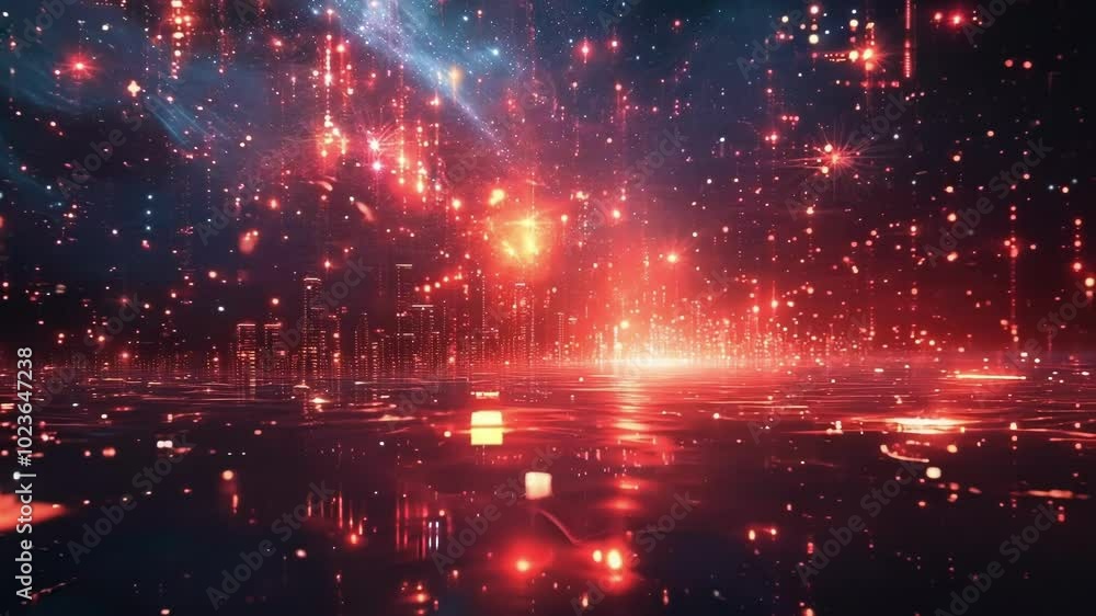 Poster futuristic cityscape is shining with red lights, creating a breathtaking view that combines technolo