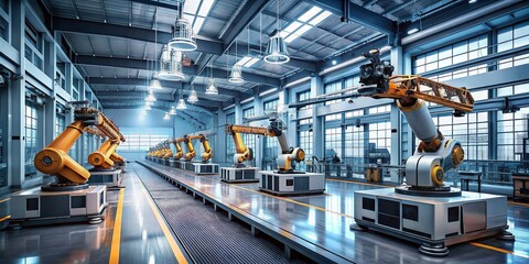 A futuristic factory floor with robots and machinery, overseen by a sleek control room, symbolizing efficient industrial management and advanced manufacturing processes.