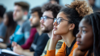 Obraz premium Photos of interested students taking notes during the lecture are centered on the speaker, symbolizing education and learning. 