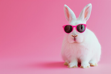 White rabbit wearing sunglasses on a pastel pink background.