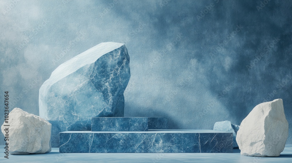 Poster blue geometric stone and rock shape background minimalist mockup for podium presentation 3d renderin