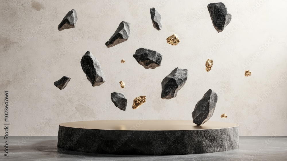 Aufkleber 3D render of an abstract background featuring black rock cobblestone ruins and golden nuggets in a floating arrangement Minimalist display with an empty podium for showcasing products