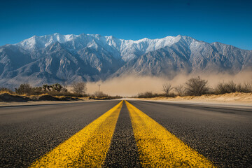 A long road leading to the mountains in California, USA. The asphalt is smooth and straight, with yellow lines on both sides.