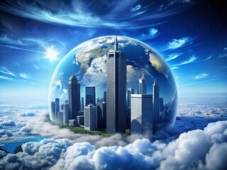 A futuristic, isolated globe of the Earth, surrounded by sleek skyscrapers and modern architecture, set against a backdrop of deep blue atmosphere and scattered clouds.