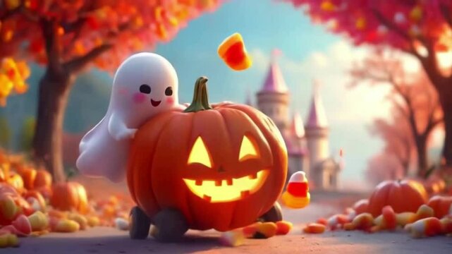 Happy Halloween greeting with pumpkins. Holiday halloween animation background. 