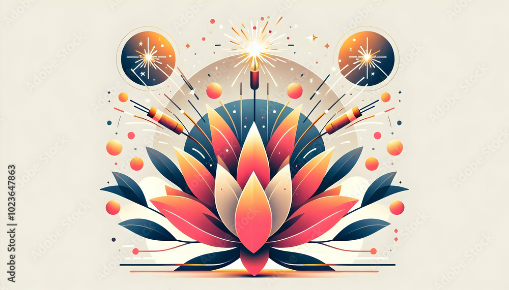 Poster flat isolated lotus flower with sparklers - elegant vector design of cultural symbolism and festive 