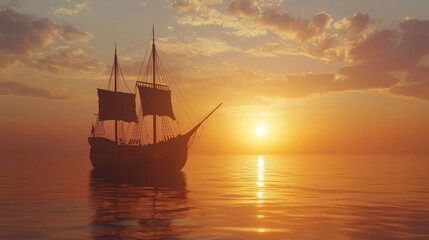 Happy Columbus Day Concept, old ship in sea sunset